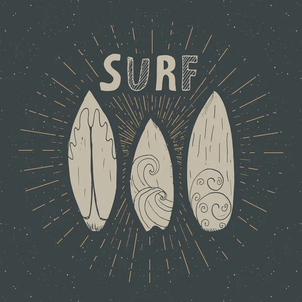 Etiqueta Vintage Placas Surf Desenhadas Mão Modelo Crachá Retrô Texturizado — Vetor de Stock