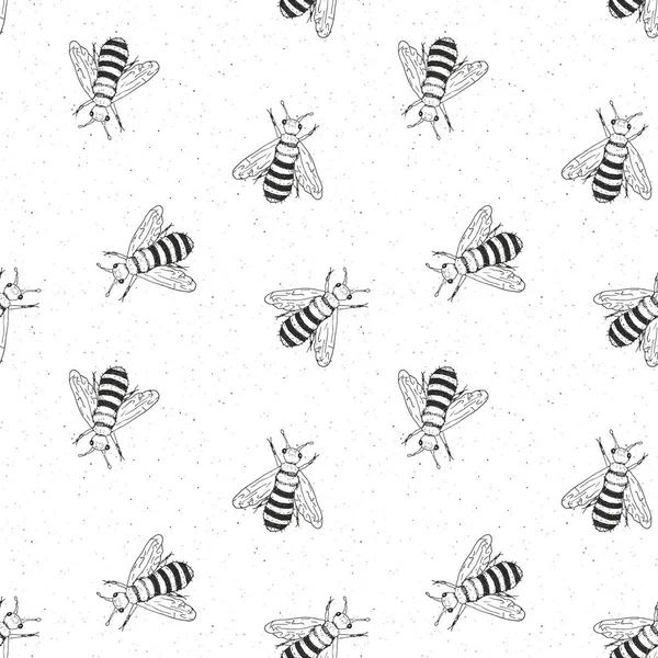 Bee Hand Drawn Seamless Pattern Monochrome Background Vector Illustration — Stock Vector