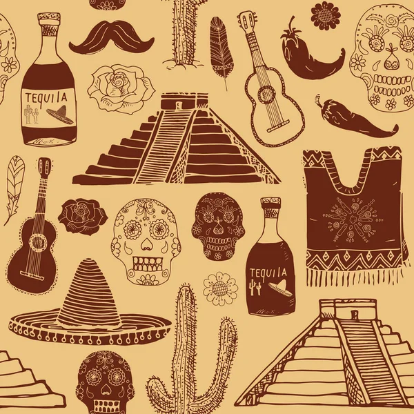 Mexique Éléments Doodle Motif Sans Couture Croquis Dessiné Main Chapeau — Image vectorielle