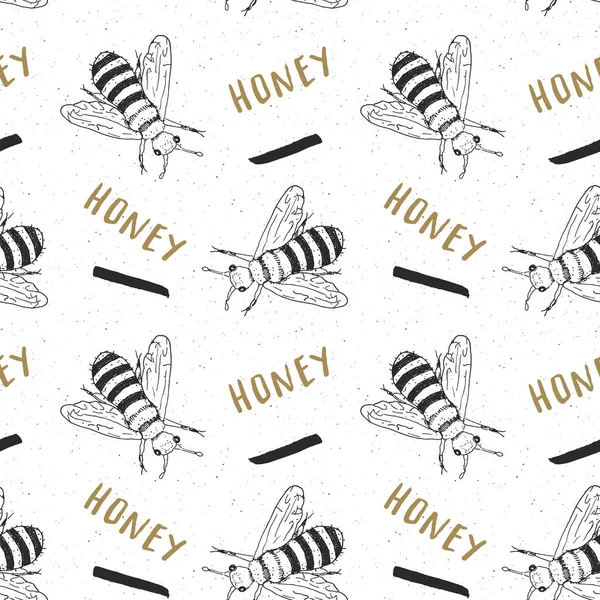 Biene Hand Gezeichnet Nahtlose Muster Mit Wort Honig Vektor Illustration — Stockvektor