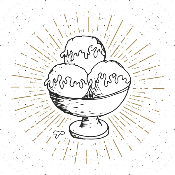 Esquisse Crème Glacée Étiquette Vintage Insigne Texturé Grunge Dessiné Main — Image vectorielle