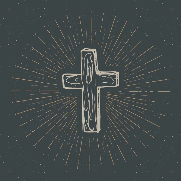 Винтажная Этикетка Нарисованный Вручную Христианский Крест Религиозный Знак Гранж Символ — стоковый вектор