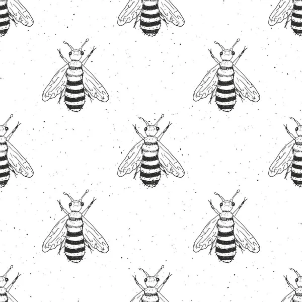 Bee Hand Drawn Seamless Pattern Monochrome Background Vector Illustration — Stock Vector