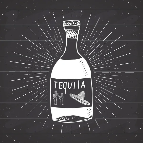 Vintage Etikett Hand Dras Flaska Tequila Mexikansk Traditionell Alkohol Dryck — Stock vektor