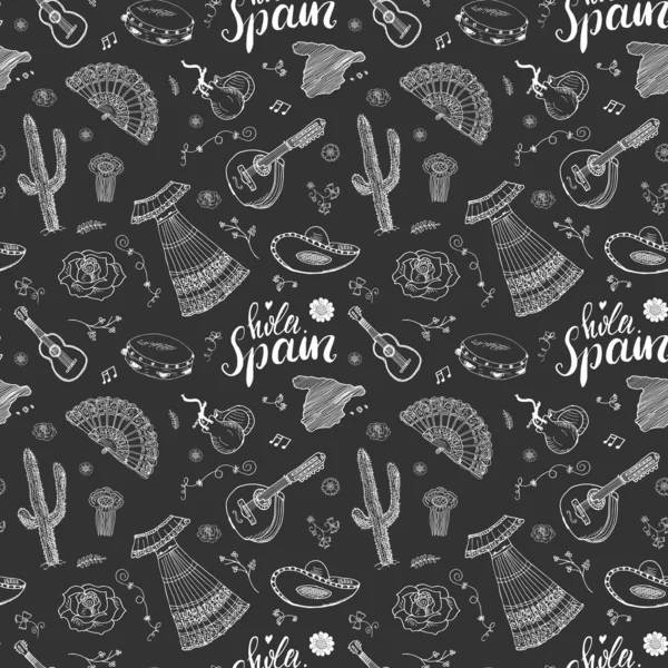 Spanien Nahtlose Musterkritzelelemente Handgezeichnete Skizze Spanischer Traditioneller Gitarren Kleidung Und — Stockvektor