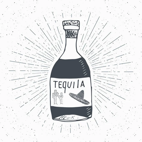 Etiqueta Vintage Botella Dibujada Mano Tequila Boceto Bebida Alcohólica Tradicional — Archivo Imágenes Vectoriales