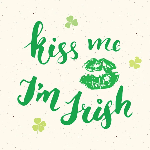 Kiss Irish Patrick Day Greeting Card Hand Lettering Lips Clovers — Stock Vector