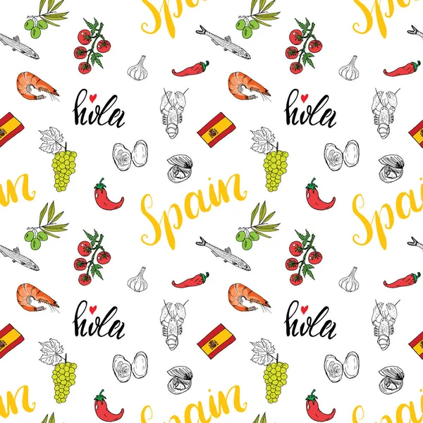 Spain Seamless Pattern Doodle Elements Hand Drawn Sketch Spanish Food — Stock Vector