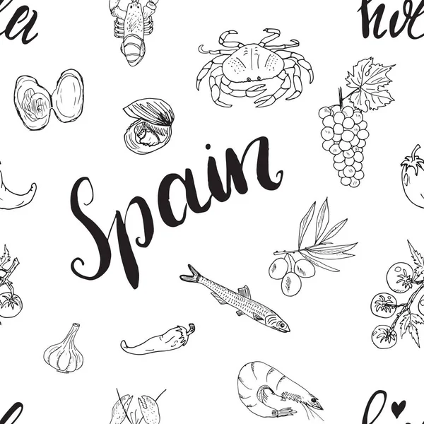 Patrón Sin Costuras España Doodle Elements Bosquejo Dibujado Mano Comida — Archivo Imágenes Vectoriales