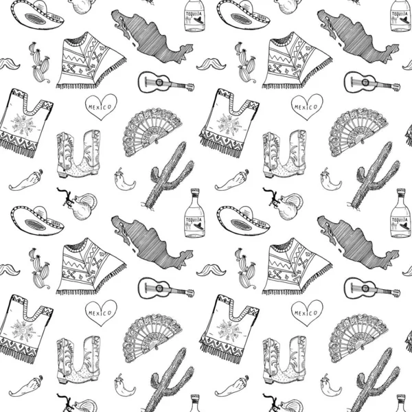 Mexico Seamless Pattern Doodle Elements Hand Drawn Sketch Mexican Traditional — 图库矢量图片