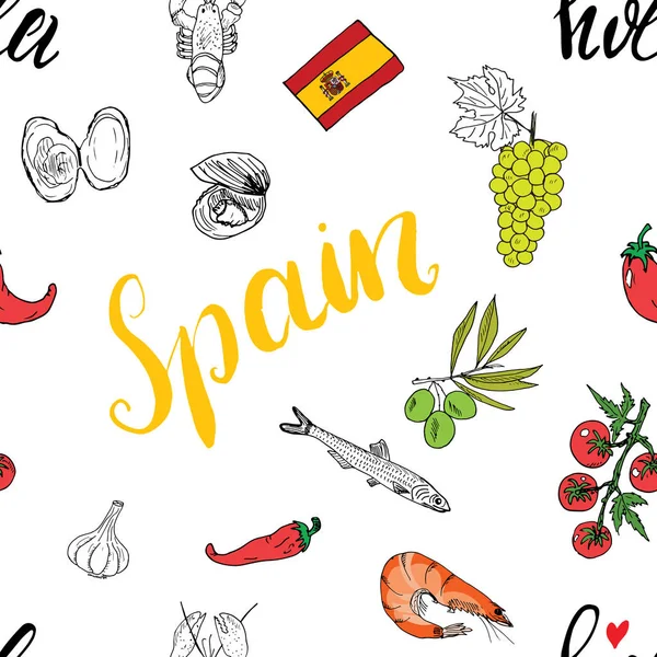 Ισπανία Χωρίς Ραφή Πρότυπο Στοιχεία Doodle Χέρι Συντάσσονται Σκίτσο Ισπανικό — Διανυσματικό Αρχείο