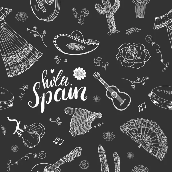 Spanje Naadloze Patroon Doodle Elementen Hand Getrokken Schets Spaanse Traditionele — Stockvector