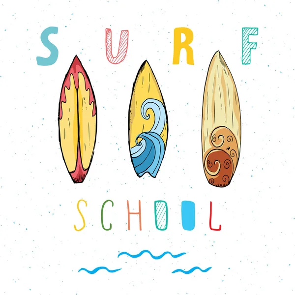 Tablas Surf Dibujado Mano Diseño Impresión Camiseta Tipografía Escuela Surf — Vector de stock