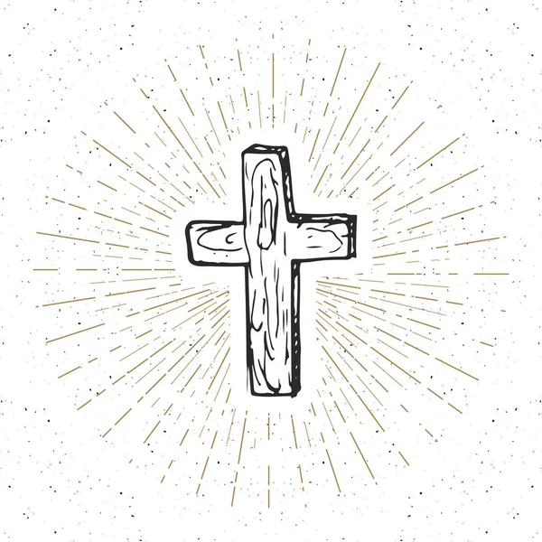 Etiqueta Vintage Cruz Cristiana Dibujada Mano Signo Religioso Símbolo Crucifijo — Vector de stock