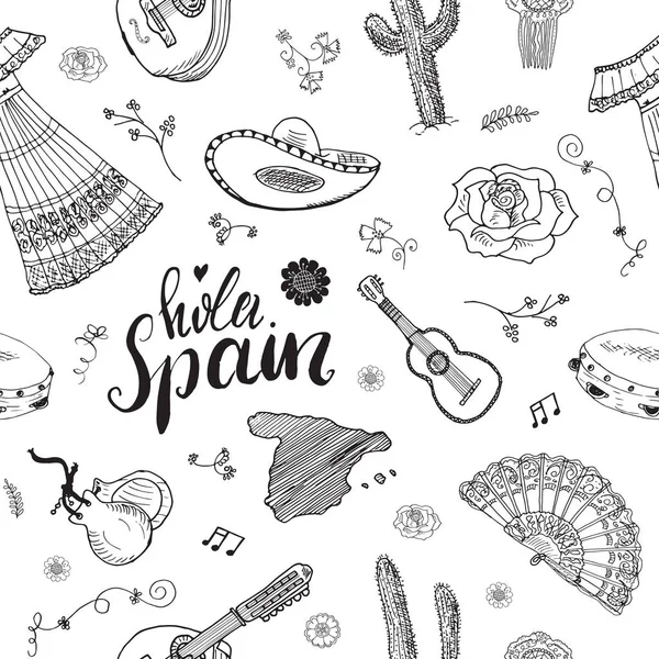España Elementos Garabatos Patrón Sin Costuras Boceto Dibujado Mano Guitarras — Vector de stock