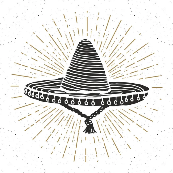 Etiqueta Vintage Dibujo Sombrero Tradicional Mexicano Dibujado Mano Placa Retro — Vector de stock