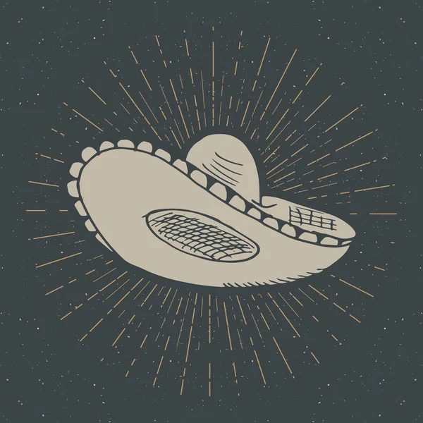 Etiqueta Vintage Dibujo Sombrero Tradicional Mexicano Dibujado Mano Placa Retro — Vector de stock