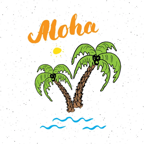 Lettering Word Aloha Hand Drawn Sketch Palm Trees Typographic Design — Stock Vector