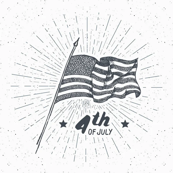 Vintage Etikett Handritad Usa Flagga Glad Självständighetsdagen Fjärde Juli Firande Royaltyfria illustrationer