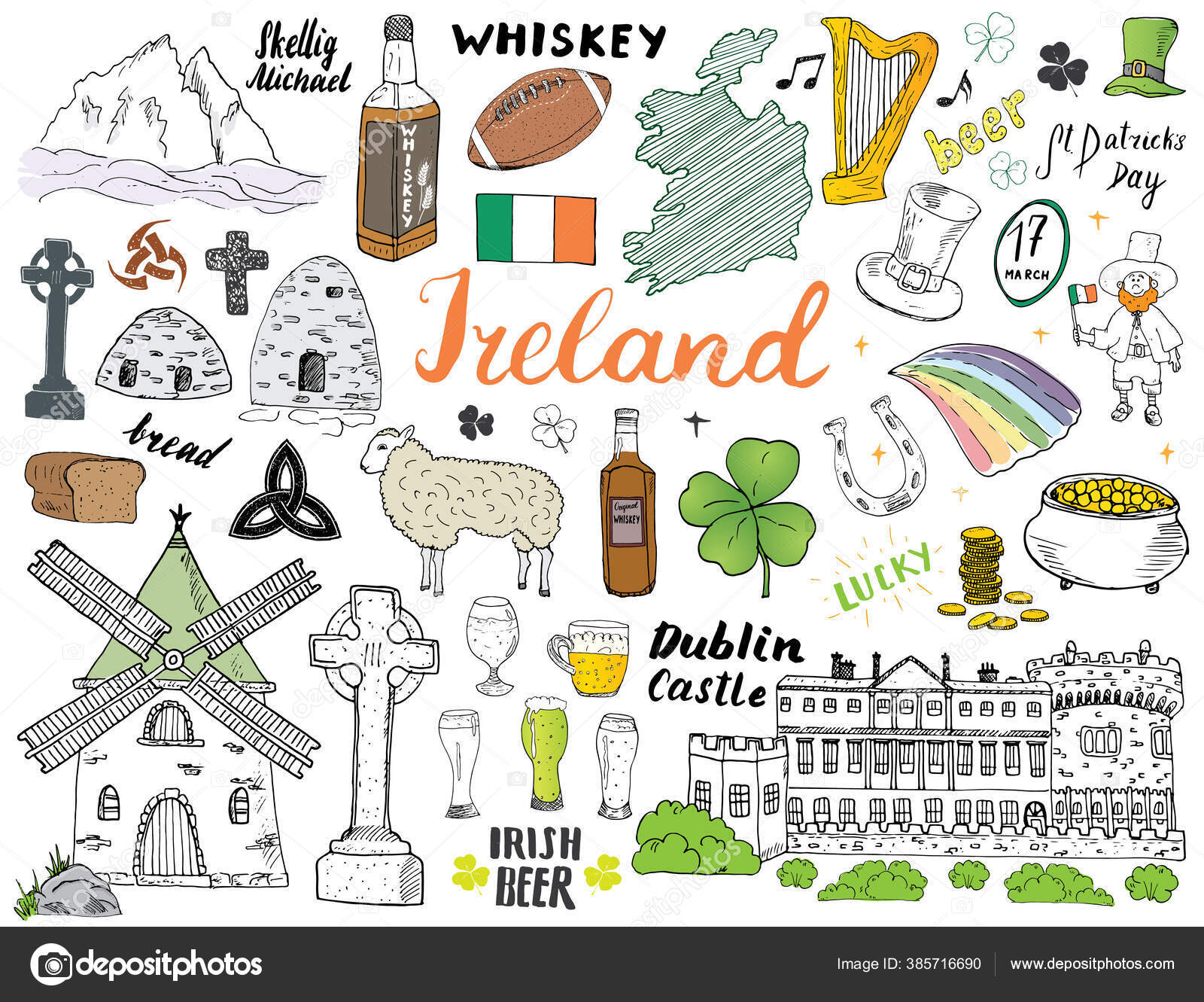 爱尔兰素描涂鸦手绘爱尔兰元素集带有爱尔兰国旗和地图凯尔特十字Shamrock 凯尔特哈普米尔和绵羊威士忌瓶和爱尔兰啤酒病媒说明, image size:1600x1331