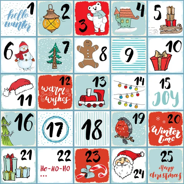 Calendario Adviento Navidad Elementos Números Dibujados Mano Vacaciones Invierno Calendario — Archivo Imágenes Vectoriales