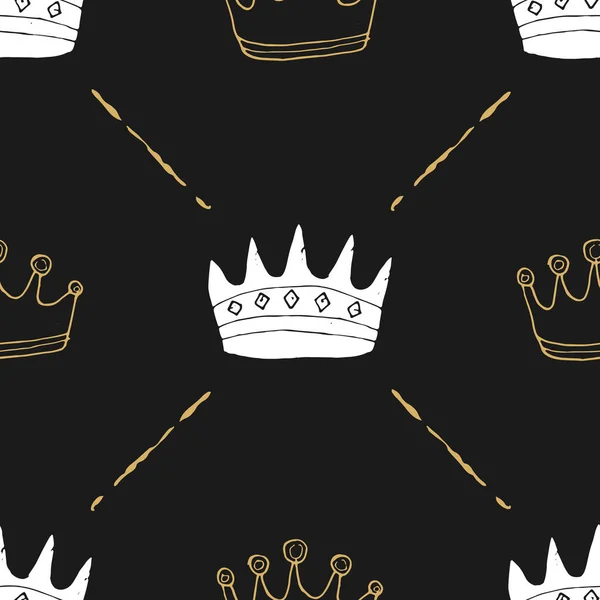 Coroa Sem Costura Padrão Mão Desenhada Real Rabiscos Fundo Vector — Vetor de Stock