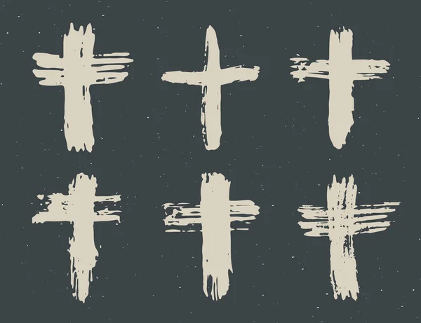 Grunge Mão Desenhado Conjunto Símbolos Cruzados Cruzes Cristãs Ícones Signos —  Vetores de Stock