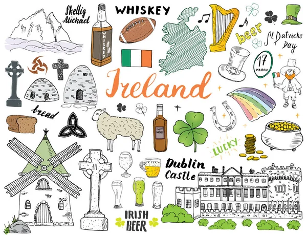 Ireland Sketch Doodles Juego Elementos Irlandeses Dibujados Mano Con Bandera — Archivo Imágenes Vectoriales