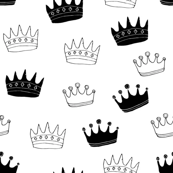 Crown Seamless Pattern Hand Drawn Royal Doodles Background Vector Illustration — Stock Vector