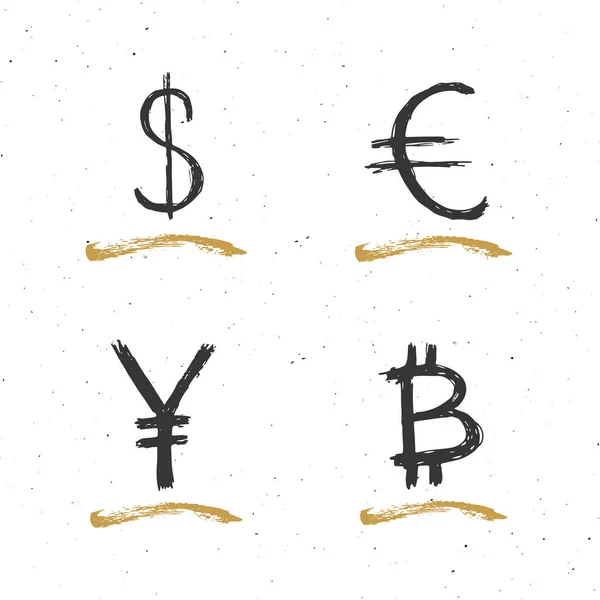 Dollar Euro Yen Bitcoin Sign Icon Brush Lettering Grunge Calligraphic — стоковий вектор