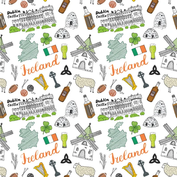 Ierland Schets Doodles Naadloos Patroon Ierse Elementen Met Vlag Kaart — Stockvector