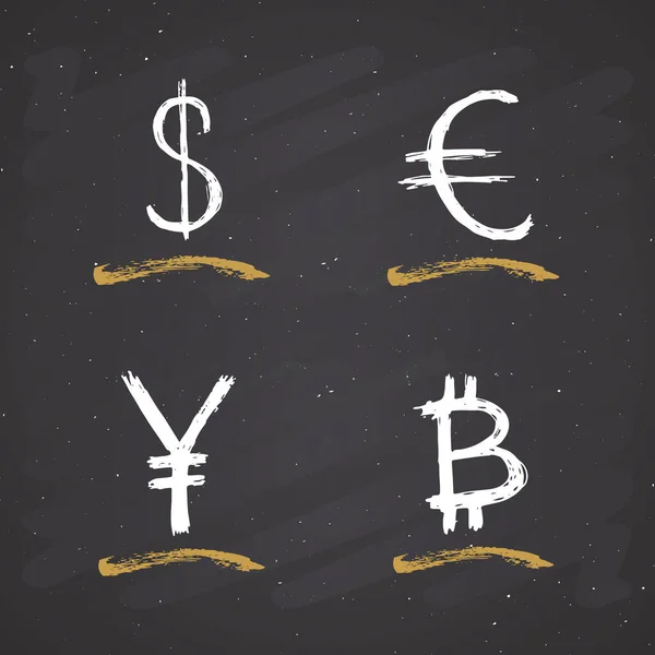 Dollar Euro Yen Und Bitcoin Zeichen Symbolpinsel Schriftzug Grunge Kalligraphische — Stockvektor