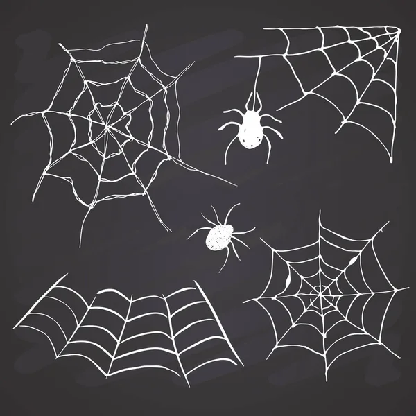 Spider Web Set Handgetekend Web Vector Illustratie Krijtbord Achtergrond — Stockvector