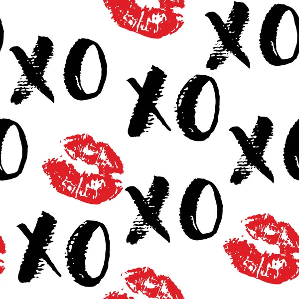 Xoxo笔刷字体无缝图案 Grunge手写体C拥抱和亲吻短语 互联网俚语缩写Xoxo符号 白色背景上孤立的向量图 — 图库矢量图片