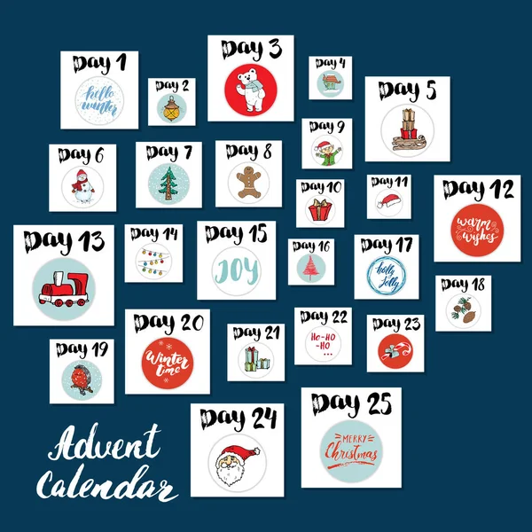 Adventskalender Handgezeichnete Elemente Und Zahlen Winterurlaub Kalenderkarten Set Design Vektor — Stockvektor