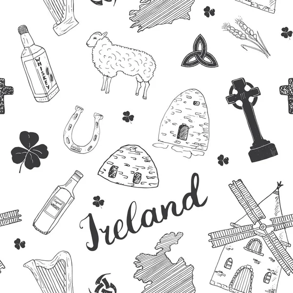 Írország Sketch Doodles Zökkenőmentes Minta Elemek Zászlóval Térképpel Írország Kelta — Stock Vector