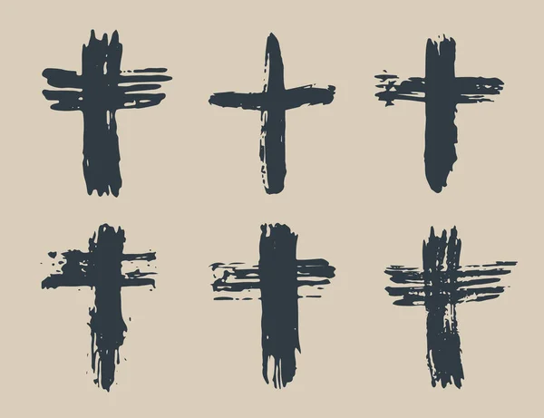 Grunge Mână Desenat Cruce Simboluri Set Cruci Creștine Semne Religioase — Vector de stoc