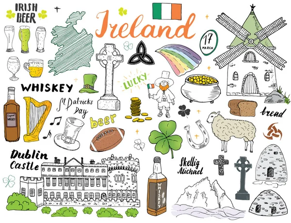 Ierland Schets Doodles Handgetekende Ierse Elementen Set Met Vlag Kaart — Stockvector