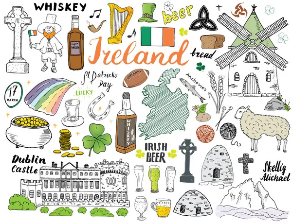 Ierland Schets Doodles Handgetekende Ierse Elementen Set Met Vlag Kaart — Stockvector