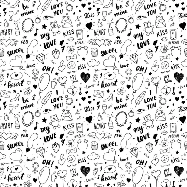 Liefde Valentijnsdag Naadloze Patroon Vector Illustratie Met Hand Geschetst Doodle — Stockvector