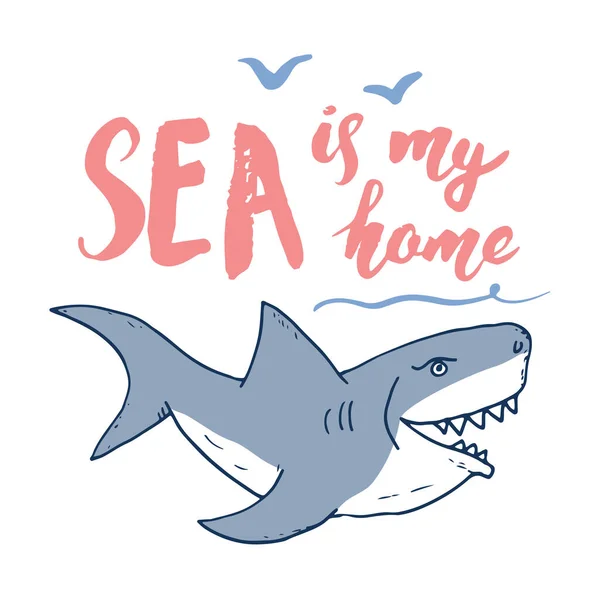 Desenho Desenhado Mão Tubarão Bonito Ilustração Vetorial Design Impressão Camiseta — Vetor de Stock