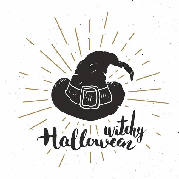 Cadılar Bayramı Tebrik Kartı Etiketi Çizimi Cadı Şapkası Grunge Desenli — Stok Vektör