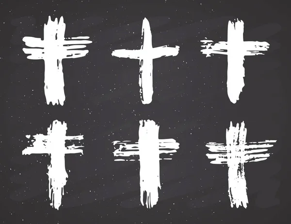 Grunge Mano Dibujado Cruz Símbolos Conjunto Cruces Cristianas Signos Religiosos — Vector de stock