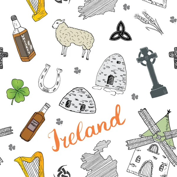 Ierland Schets Doodles Naadloos Patroon Ierse Elementen Met Vlag Kaart — Stockvector