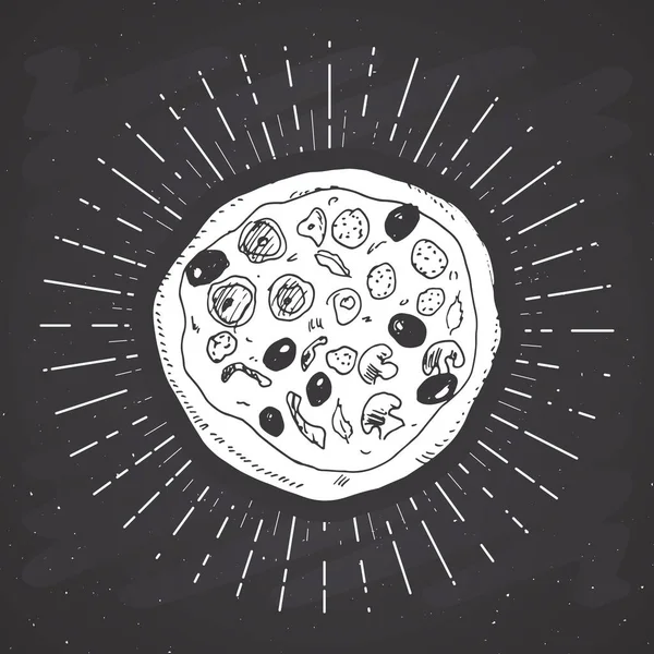 Etiqueta Vintage Pizza Dibujo Dibujado Mano Insignia Retro Texturizada Grunge — Vector de stock