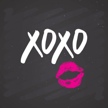 XOXO brush lettering sign, Grunge calligraphic hugs and kisses Phrase, Internet slang abbreviation XOXO symbols, vector illustration on chalkboard background. clipart