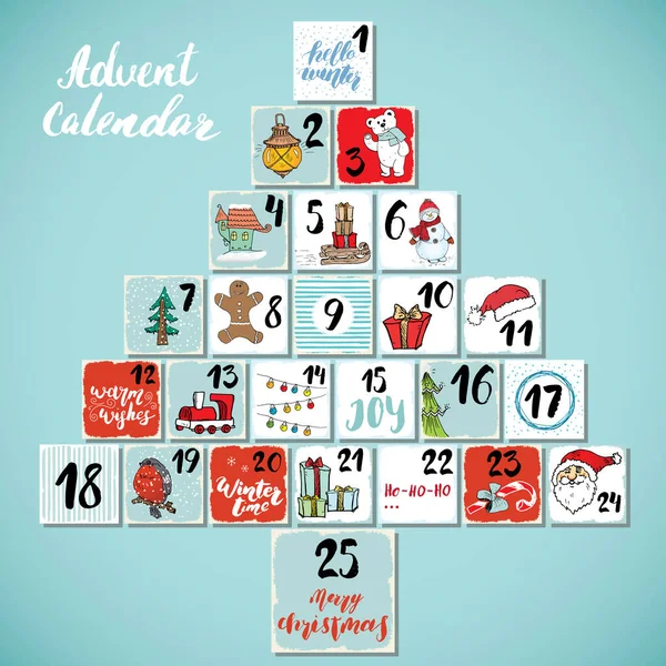 Adventskalender Handgezeichnete Elemente Und Zahlen Winterurlaub Kalenderkarten Set Design Vektor — Stockvektor