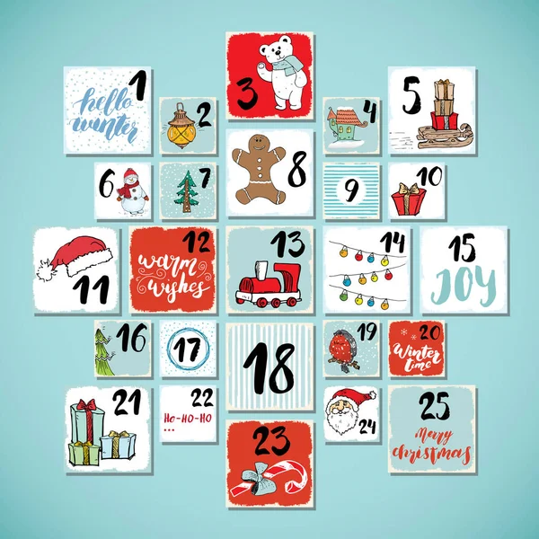 Julkalender Handritade Element Och Nummer Vinter Semester Kalender Kort Set — Stock vektor