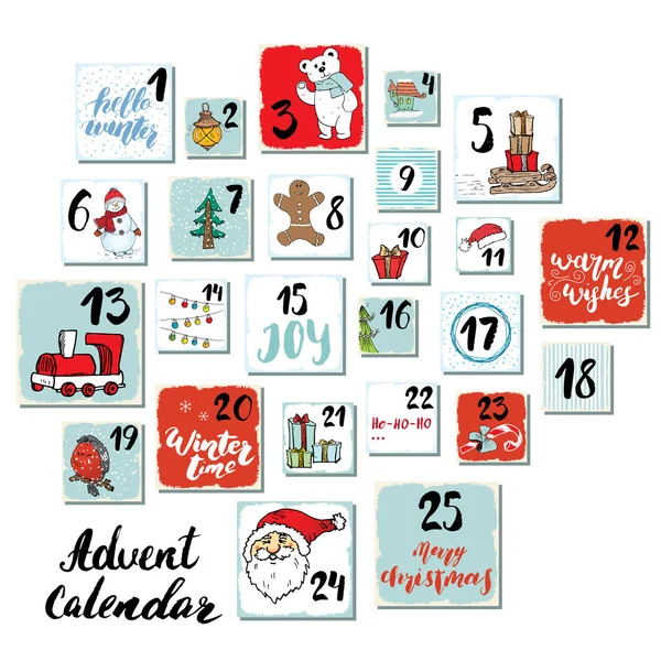 Kerstadventskalender Handgetekende Elementen Nummers Wintervakantie Kalender Kaarten Set Design Vector — Stockvector