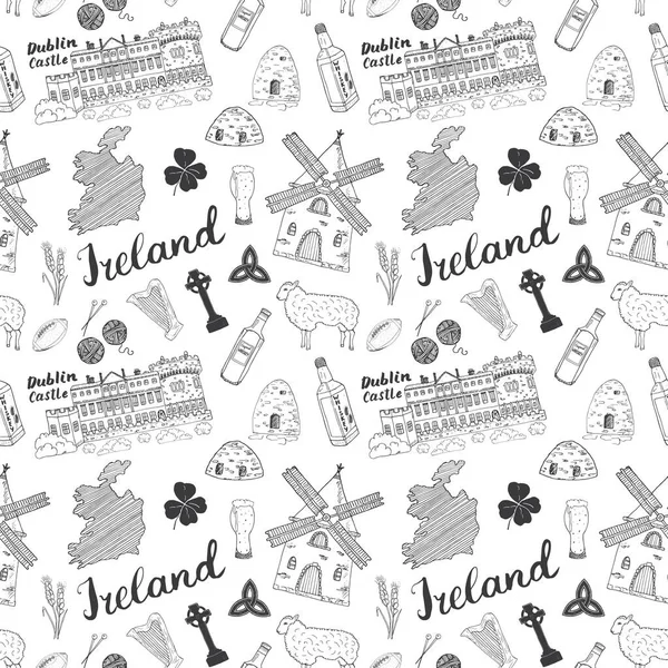 Ireland Sketch Doodles Seamless Pattern Ирландские Слоны Флагом Картой Ирландии — стоковый вектор